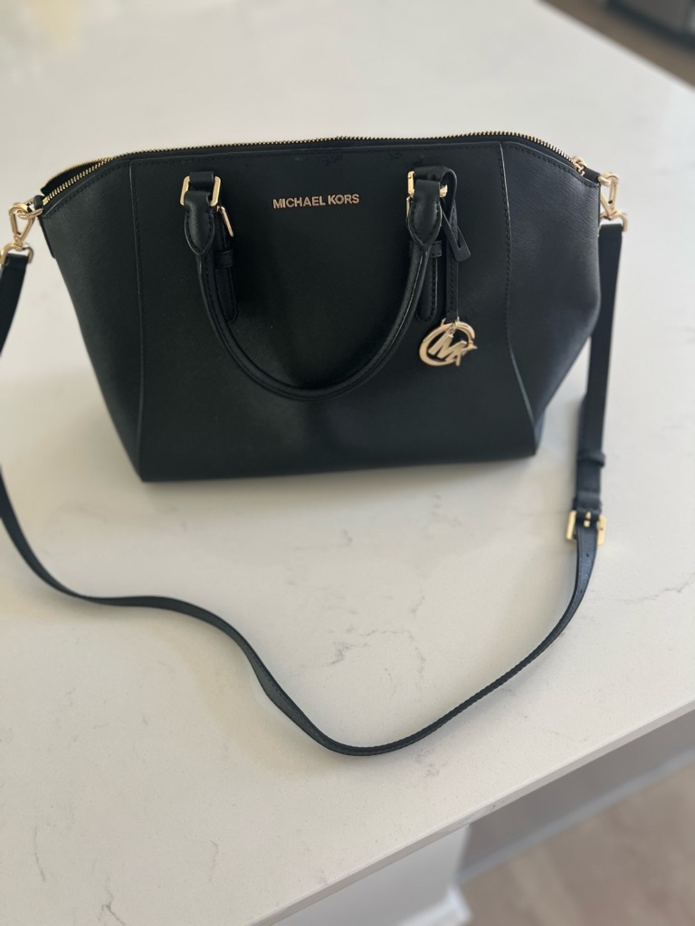 Michael Kors Black Leather Satchel with Gold Accents